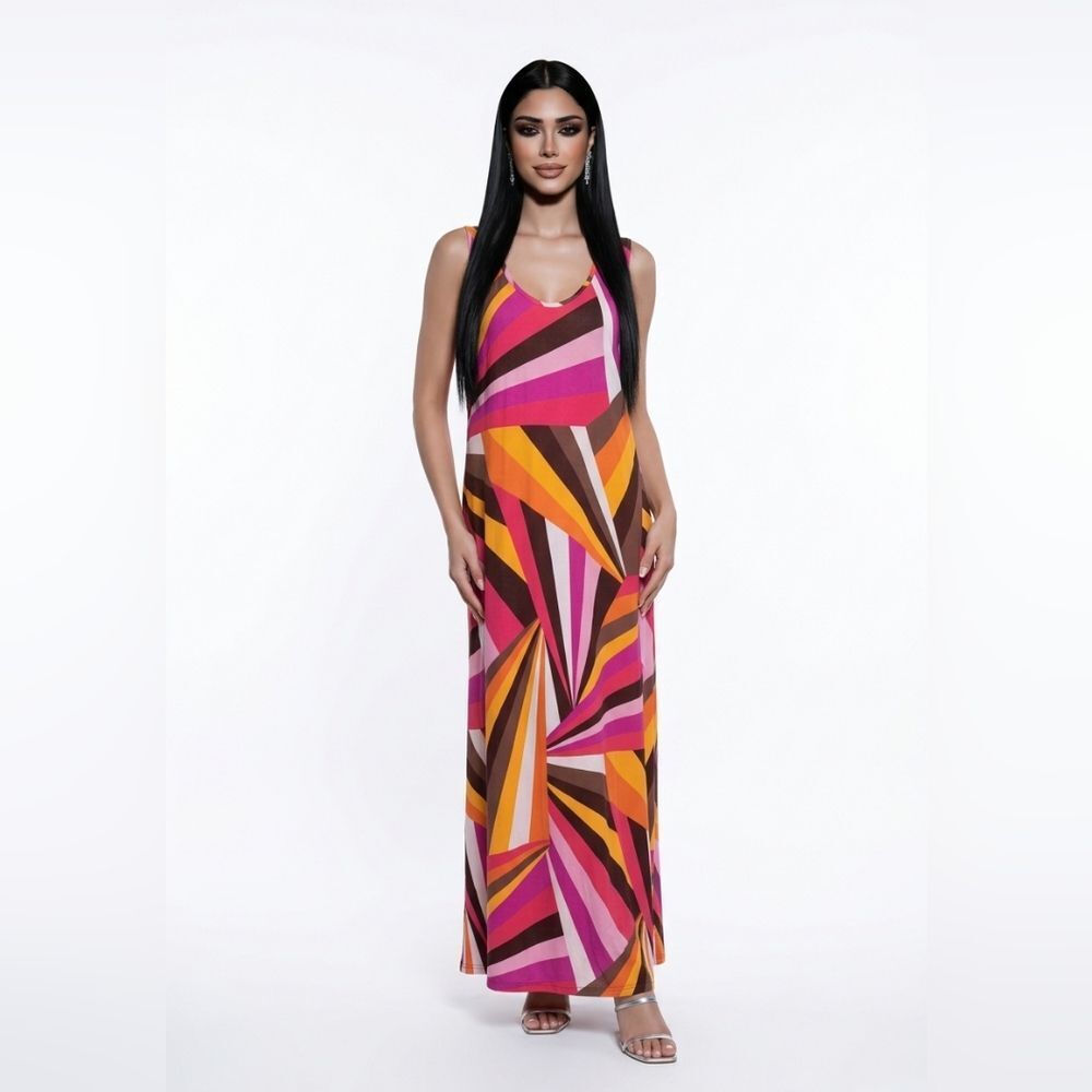 Karin Stevens Pink and Orange Geometric Maxi Dress
